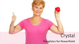  Presentation with old - Beautiful presentation theme featuring pacemakers - old smiling woman holding red backdrop and a coral colored foreground