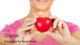  Presentation with old - PPT layouts featuring pacemakers - old smiling woman holding red background and a coral colored foreground