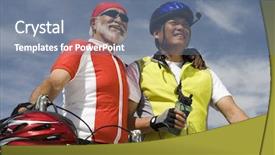  Presentation with hologram mesh human male - Slide deck featuring pacific island - senior male cyclists looking away background and a seafoam green colored foreground