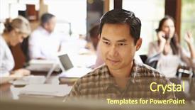  Presentation with management review meeting - Slide set with pacific island people - businessman working at desk background and a coral colored foreground