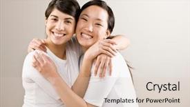  Presentation with farewell of friends - Audience pleasing presentation theme consisting of pacific island people - happy devoted friends hugging backdrop and a  colored foreground