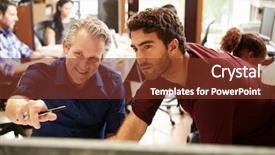  Presentation with meeting - Beautiful PPT theme featuring pacific island people - two colleagues working at desk backdrop and a tawny brown colored foreground