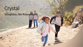  Presentation with running mountains - Slide deck consisting of grandparents with running grandchildren hike in mountains background and a light gray colored foreground