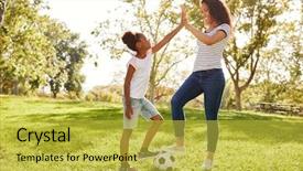  Presentation with dog park dogs plays - Colorful slide deck enhanced with chasing - mother and daughter playing soccer backdrop and a yellow colored foreground