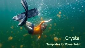  Presentation with jellyfish - Presentation design enhanced with underwater photo of tourist child snorkeling with endemic stingless jellyfish in lake at palau snorkeling in jellyfish lake is a popular activity for tourists to palau background and a forest green colored foreground