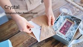  Presentation with gift card envelope - Slide deck enhanced with pack cards - young female putting valentine greeting background and a coral colored foreground