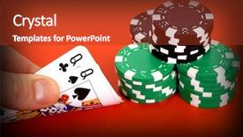  Presentation with poker chips - Colorful slides enhanced with pack cards clubs - pocket queens and poker chips backdrop and a tawny brown colored foreground