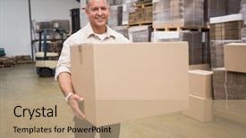  Presentation with warehouse cold storage - Amazing presentation theme having package delivery - portrait of worker carrying box backdrop and a  colored foreground