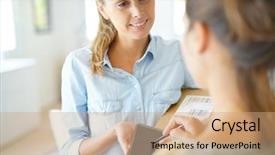  Presentation with helping others two hands woman - Slide set with package to customer against signature background and a coral colored foreground