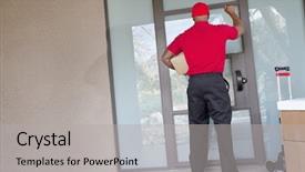  Presentation with man door - Cool new slide set with packages knocking at door backdrop and a light gray colored foreground