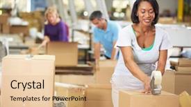  Presentation with dispatch - Audience pleasing presentation theme consisting of packaging line - workers in warehouse preparing goods backdrop and a coral colored foreground