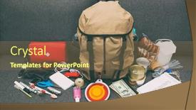  Presentation with emergency case - Presentation design having packed-backpack-with-items-needed background and a tawny brown colored foreground