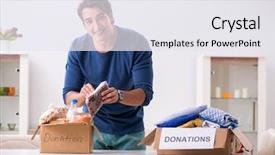  Presentation with charity - Slide set with packed food supplies - concept of charity with donated background and a sky blue colored foreground