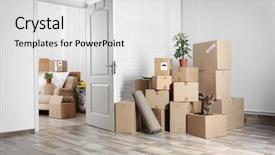  Presentation with moving - Cool new slide deck with packed household stuff for moving backdrop and a light gray colored foreground