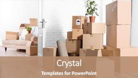  Presentation with moving - Audience pleasing PPT theme consisting of packed household stuff for moving backdrop and a coral colored foreground