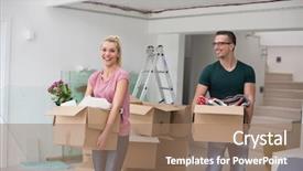  Presentation with young happy couple - PPT layouts with packed people - happy young couple unpacking background and a  colored foreground