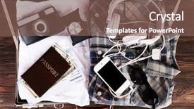  Presentation with wooden board empty table top - Slide deck having packed suitcase of vacation items background and a violet colored foreground