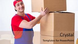  Presentation with contractor - PPT theme with packers - contractor worker moving boxes background and a coral colored foreground