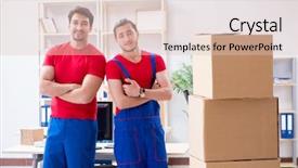  Presentation with personal belongings - Cool new PPT theme with packers - two contractor employees moving personal backdrop and a  colored foreground
