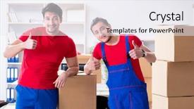  Presentation with personal belongings - Slide set featuring packers - two contractor employees moving personal background and a sky blue colored foreground