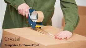  Presentation with box carton - Slides with packing-a-parcel-sealing-carton background and a coral colored foreground