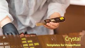  Presentation with pharmaceutical industry production line machine - Cool new slide set with packing candies at confectionery shop backdrop and a tawny brown colored foreground