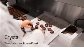  Presentation with pharmaceutical industry production line machine - Slide deck featuring packing candies at confectionery shop background and a soft green colored foreground