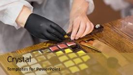  Presentation with pharmaceutical industry production line machine - Slide set consisting of packing candies at confectionery shop background and a gold colored foreground