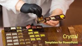  Presentation with pharmaceutical industry production line machine - PPT layouts consisting of packing candies at confectionery shop background and a tawny brown colored foreground