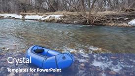 Presentation with adventure river - Audience pleasing presentation design consisting of packraft one-person light raft used for expedition or adventure racing on a shallow river - cache la poudre river fort collins colorado winter or early spring scenery backdrop and a teal colored foreground