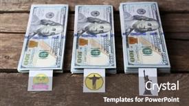  Presentation with packs - Cool new PPT theme with packs of american dollars on wooden background saving concept backdrop and a tawny brown colored foreground