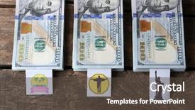  Presentation with packs - Colorful presentation theme enhanced with packs of american dollars on wooden background saving concept backdrop and a tawny brown colored foreground