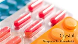  Presentation with packs - Colorful presentation theme enhanced with packs of medical pills and tablets backdrop and a gold colored foreground