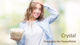  Presentation with eating - Audience pleasing PPT layouts consisting of packs storess - beautiful young blonde woman eating backdrop and a soft green colored foreground