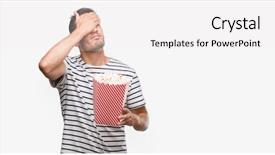  Presentation with face head in anatomy - Slides enhanced with packs storess - handsome young man eating popcorn background and a  colored foreground