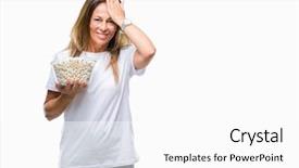  Presentation with eating - Slides featuring packs storess - middle age hispanic woman eating background and a  colored foreground