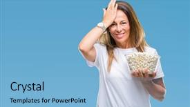  Presentation with eating - Audience pleasing presentation theme consisting of packs storess - middle age hispanic woman eating backdrop and a  colored foreground