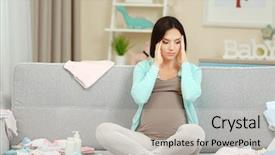  Presentation with baby clothes - Colorful presentation enhanced with packs storess - pregnant woman sitting on sofa backdrop and a light gray colored foreground