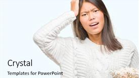  Presentation with young woman diagnosis of sti - Audience pleasing slides consisting of packs storess - young asian woman eating popcorn backdrop and a  colored foreground