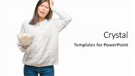  Presentation with face head in anatomy - Amazing theme having packs storess - young asian woman eating popcorn backdrop and a  colored foreground