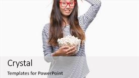  Presentation with popcorn - Audience pleasing theme consisting of packs storess - young asian woman eating popcorn backdrop and a  colored foreground