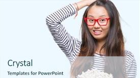  Presentation with skin anatomy face and head - Slide set with packs storess - young asian woman eating popcorn background and a  colored foreground