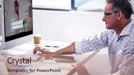  Presentation with company profile - PPT layouts enhanced with pad device against profile background and a  colored foreground