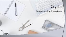  Presentation with desk - Slide set enhanced with pad pens camera banner format background and a white colored foreground