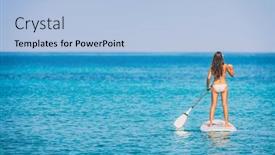  Presentation with hero woman - PPT theme enhanced with paddle-board-bikini-woman-standing background and a light blue colored foreground
