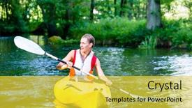 Presentation with river forest - Beautiful PPT layouts featuring paddleboat - woman paddling with canoe backdrop and a  colored foreground