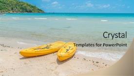  Presentation with abstract yellow gold and white - Slide deck with paddleboat - yellow kayaks on white sand background and a  colored foreground