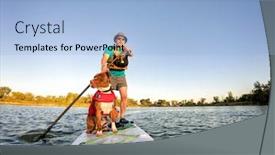  Presentation with pov - Cool new slide deck with paddling inflatable stand up paddleboard with a pitbull dog on lake in colorado pov from an action camera backdrop and a light blue colored foreground
