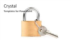  Presentation with padlock - Audience pleasing slides consisting of padlock standing with key hanging against white background backdrop and a white colored foreground