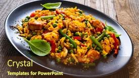  Presentation with chicken - Amazing slide deck having paella-chicken-on-wooden-background backdrop and a tawny brown colored foreground